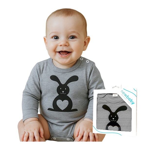 Dojčenské body s dlhým rukávom New Baby Zvieratko Zajačik sivé