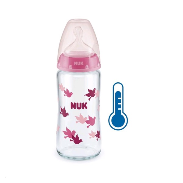 Sklenená dojčenská fľaša NUK First Choice s kontrolou teploty 240 ml ružová