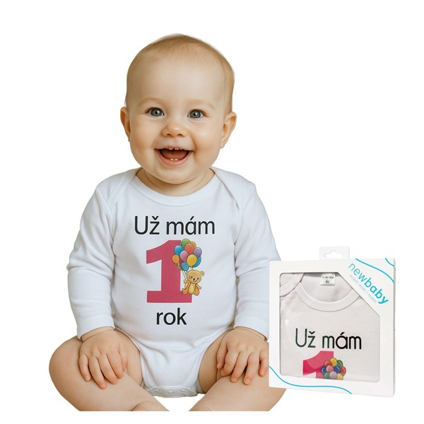 Body s potlačou New Baby Už mám 1 rok ružové - darčekové balenie
