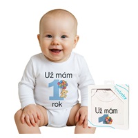 Body s potlačou New Baby Už mám 1 rok modré - darčekové balenie