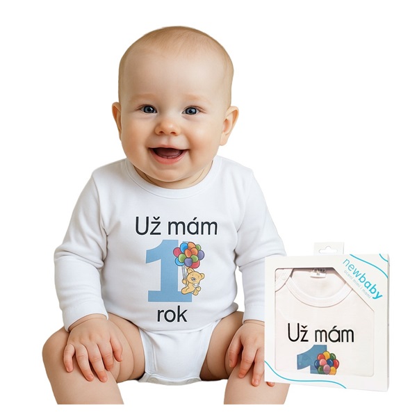 Body s potlačou New Baby Už mám 1 rok modré - darčekové balenie