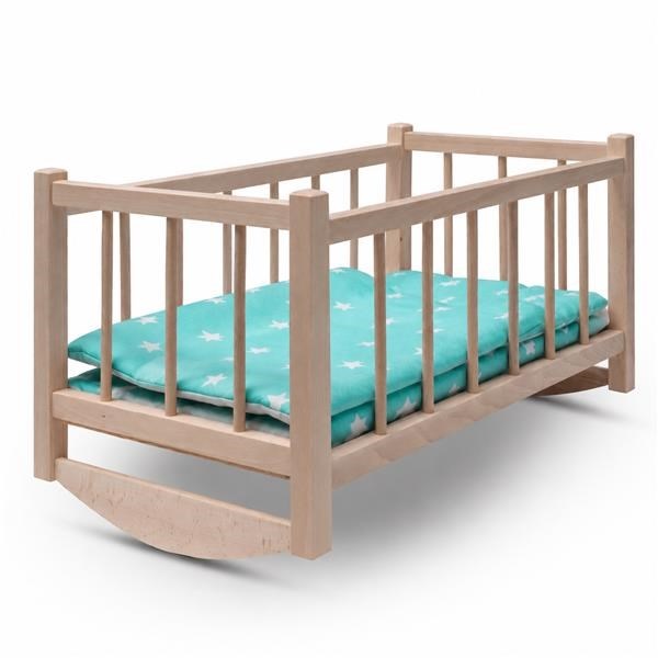 Drevená postieľka-kolíska pre bábiky s obliečkami Baby Mix stars mint
